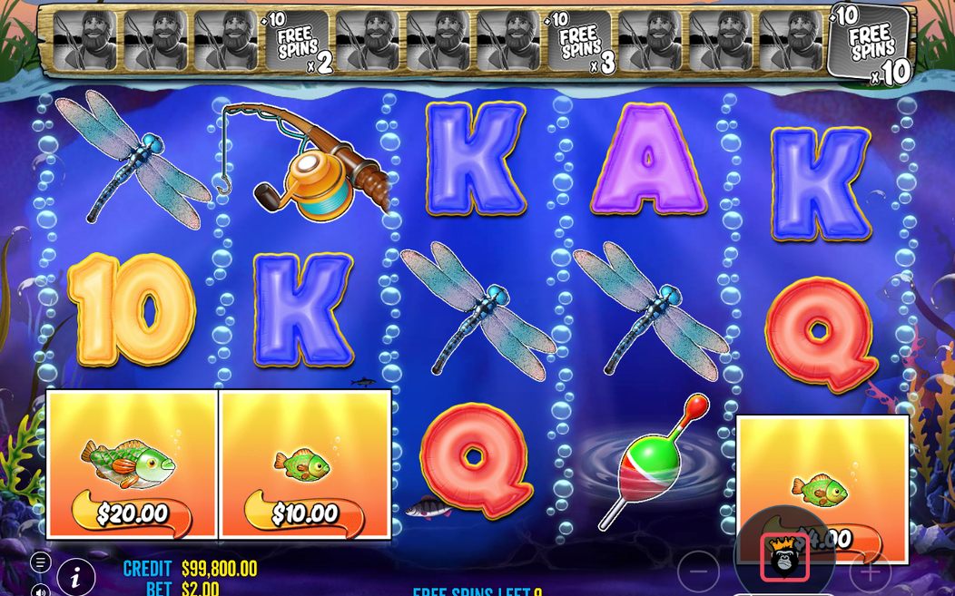 Free Spins-läge med kvarvarande spinn och WILD-fiskaren